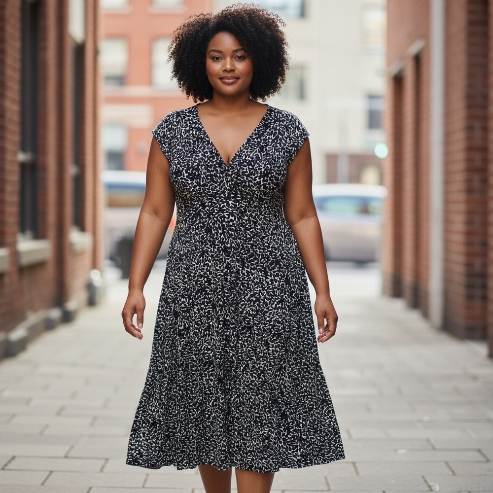 Jones New York Dress Womens 10 Excellent Abstract Leaf Print V-Neck Midi Black